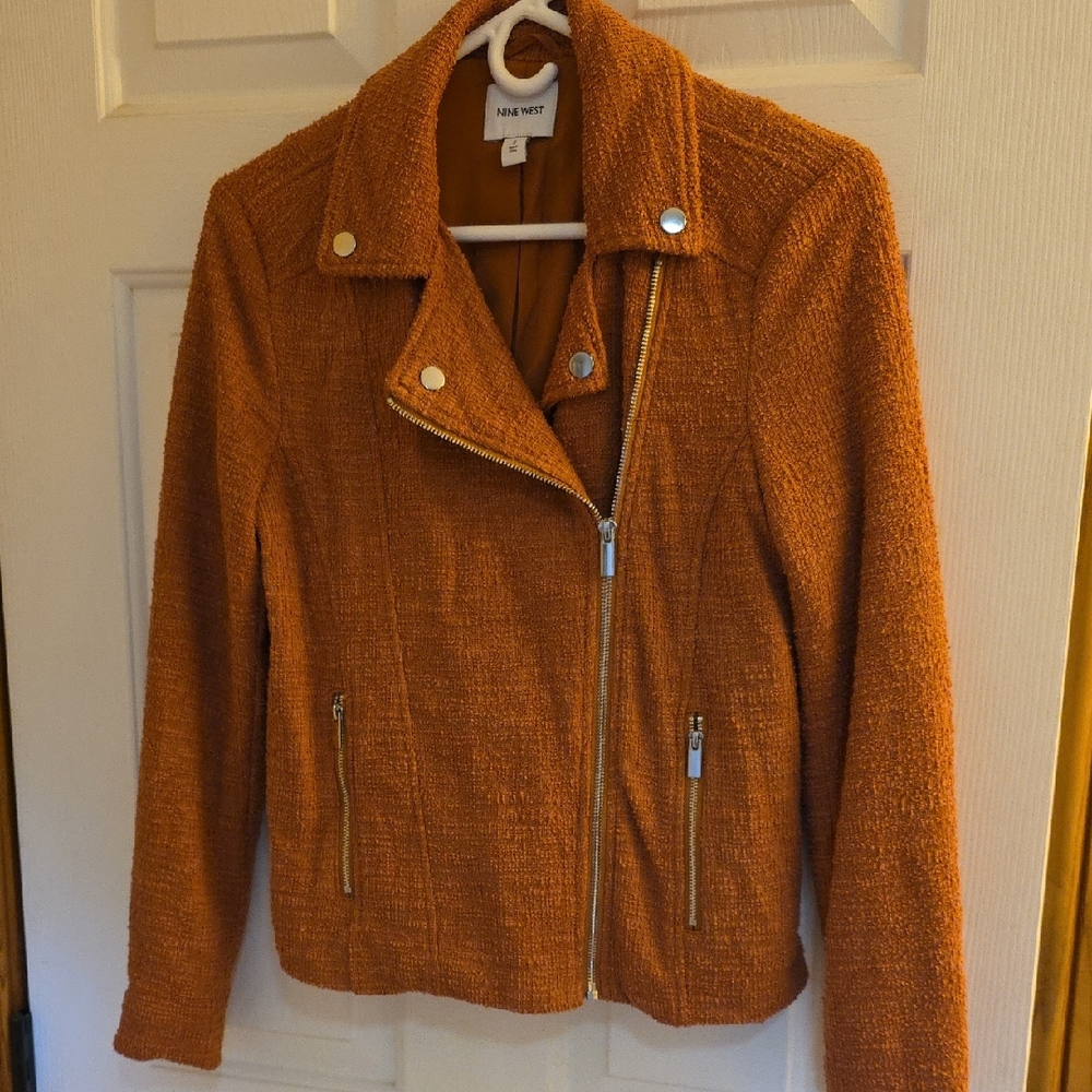 Nine West Orange Teddy Jacket Asymmetrical Design Size Small Great Condition